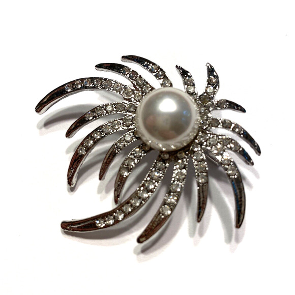 Silver Splash Statement Brooch Brilliant White Rhinestones & Faux Pearl Bead - Picture 2 of 7